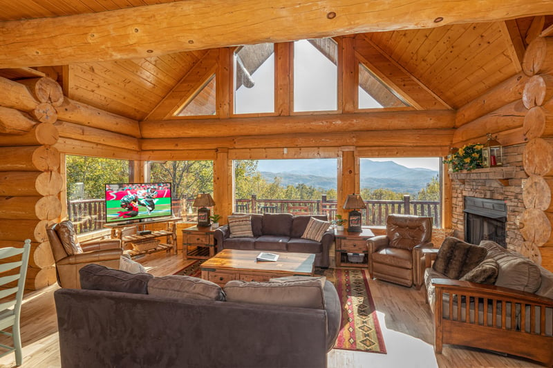 Living Room With Seating and Incredible Mountain View at Grizzlys Den, a 5 bedroom cabin rental located in gatlinburg